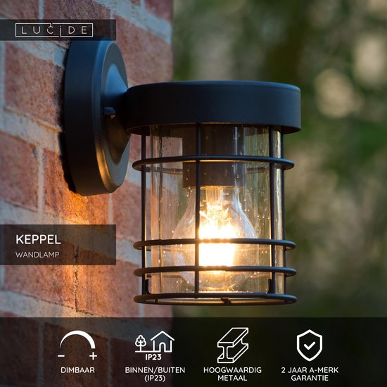 Lucide KEPPEL - Wandlamp Binnen/Buiten - 1xE27 - IP23 - Zwart