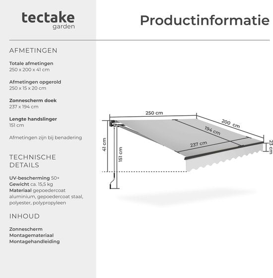 tectake® Zonnescherm met Knikarm - 250 x 200 cm - Zonneluifel - Zonwering voor Raam, Balkon, Buiten - Te Monteren aan Muur - Water- en UV-Bestendig - Lichtgrijs