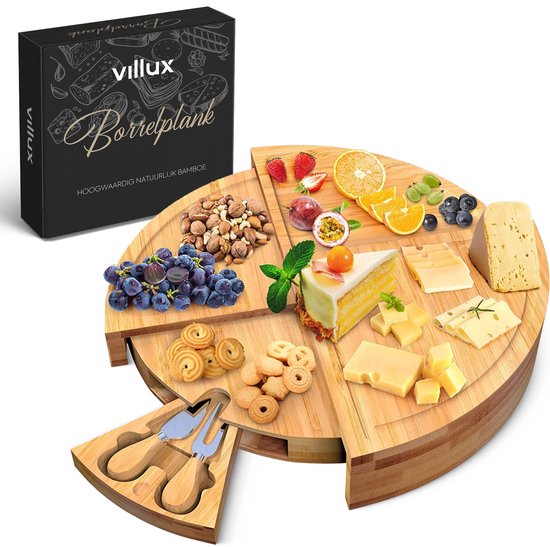 Villux Tapasplank - Borrelplank - Serveerplank - Kaasplank - Hapjesplank - Inclusief Kaasmesjes - Taspasplank Bamboe - Borrelplank Rond - Inclusief Ebook - ø 38 cm