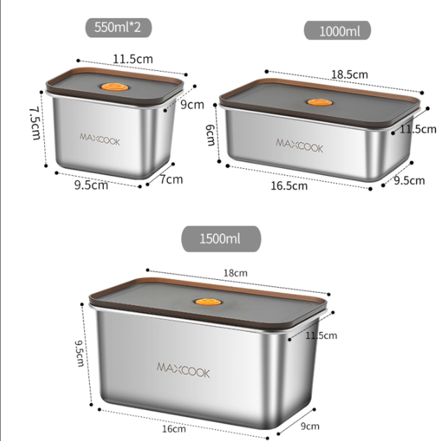 Maxcook RVS Voedselcontainers Set van 4 - Zilver - 304 Roestvrij Staal