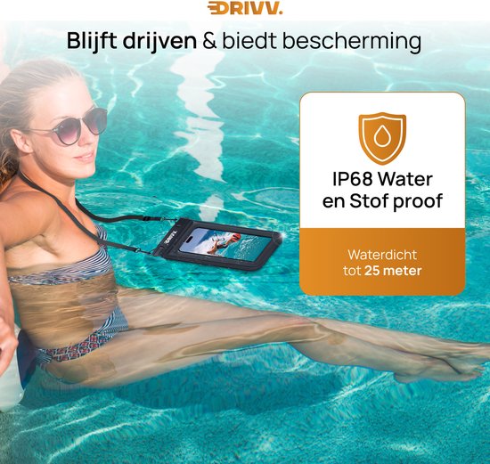 Drivv. Luxe Waterdicht Telefoonhoesje – Drijvend - Dubbele Klipsluiting - Extra Sponge - Telefoons tot 6.8 inch – Onderwater Hoesje Telefoon - Zwart