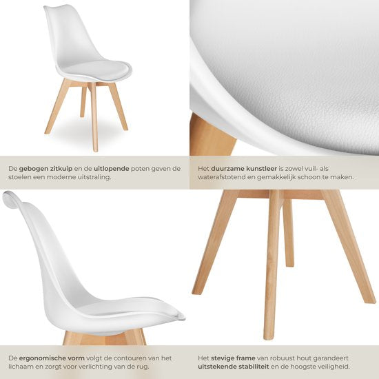 tectake® Eetkamerstoel Frederikke - Set van 6 Eetkamerstoelen met Gevoerde Stoffen Zitting - Massief Houten Poten - Ergonomische Stoelen geschikt voor Woonkamer, Eetkamer, Slaapkamer en Keuken - Draagkracht 120kg - Wit