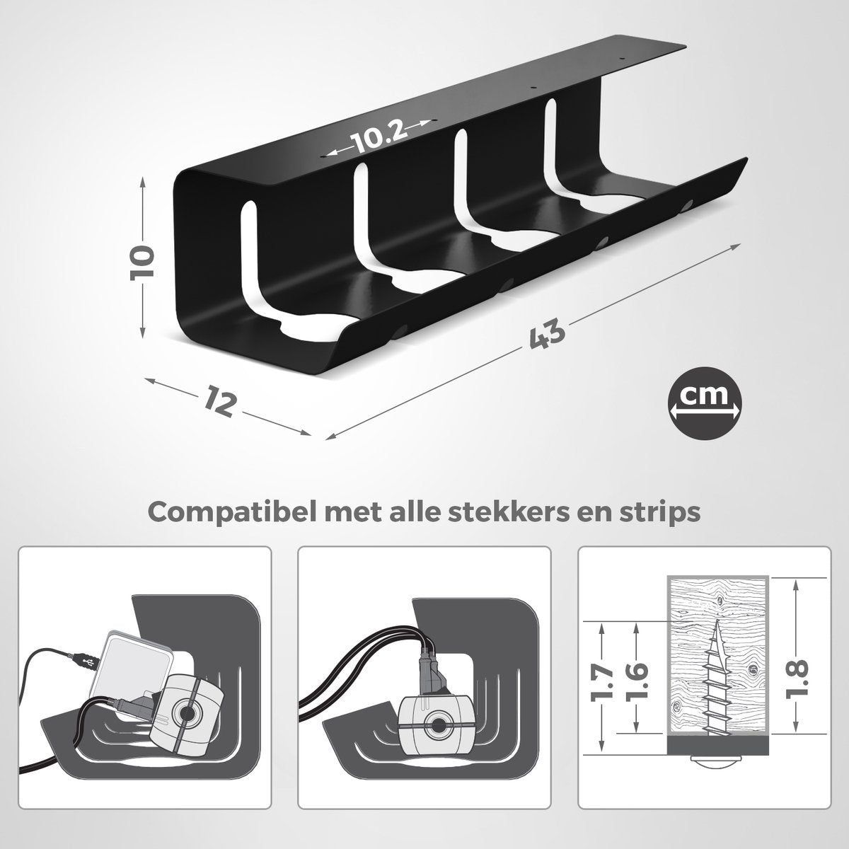 Stilemo Kabelgoot Bureau - Kabelbeheer - Kabelhouder 43 CM - Kabelorganizer Onder Bureau - Diverse Bevestigingsopties - 5 KG Draagvermogen - Zwart