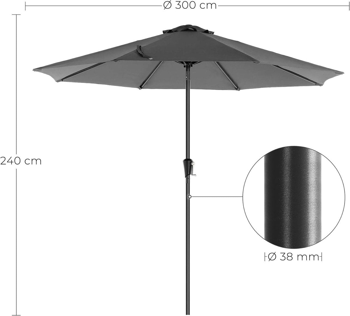 Songmics Tuinparasol 290 cm - Grijs - UPF 50+ - Kantelbaar