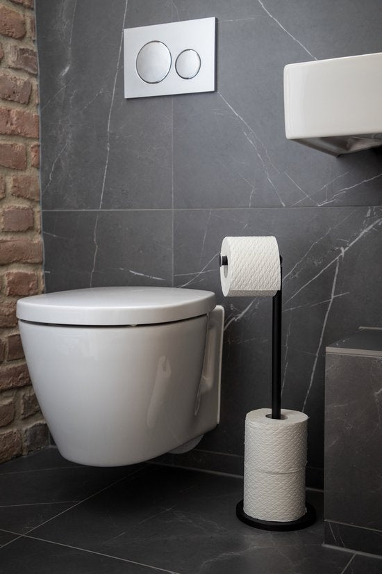 WENKO Toiletrolhouder 2-in-1 zwart staal - Reserverolhouder - Toiletpapier houder vrijstaand- WC Rolhouder staand - Zwart