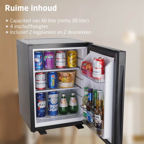 BREND BR-2227 Mini Koelkast 40L – Vrijstaand Tafelmodel Minibar met Instelbare Temperatuur, LED Verlichting & Verstelbare Deur – Zwart