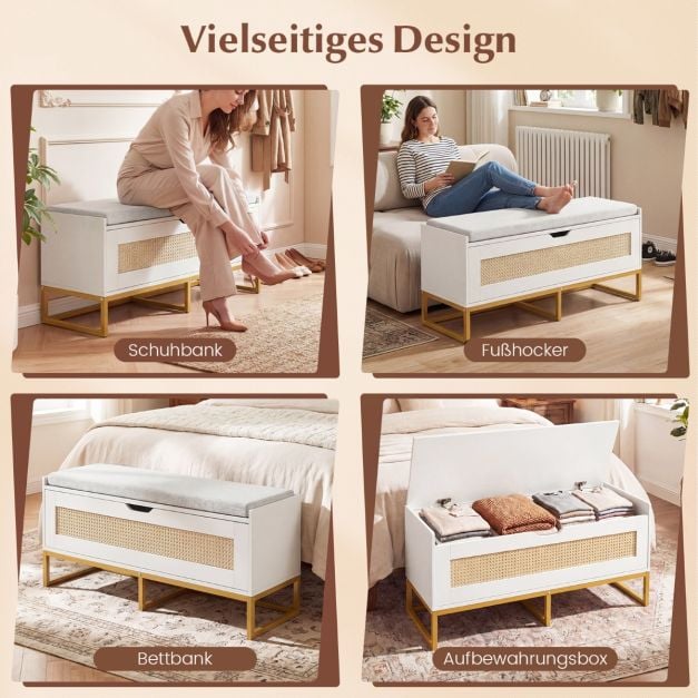 Coast Schoenenbank – Rattan - Zitkussen – 100 x 35 x 44 cm - Wit