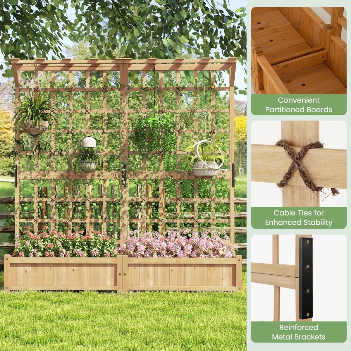 Coast Houten Plantenbak met Latwerk - 2 plantenbakken - hangend dak - naturel - 180 x 48 x 183 cm