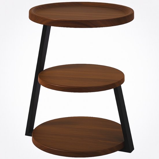 Moderne Bijzettafel – 3-Lagen – Bruin – Ø40 cm – Industrieel Design – MDF – Zwart Metaal