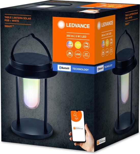 LEDVANCE SMART+ Outdoor Bluetooth Solar-Tafellamp, met witlicht (3000K) + kleurlicht, onafhankelijk van stroom, tot 5 uur brandtijd bij 100% licht, oplaadbaar, beschermingsklasse IP44, zwart