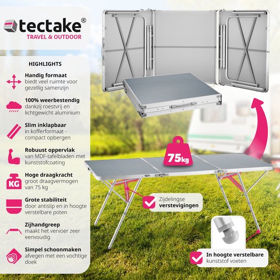 tectake® - Kampeertafel campingtafel Jumbo inklapbaar - Aluminium frame - 180 x 70 x 70,5 cm