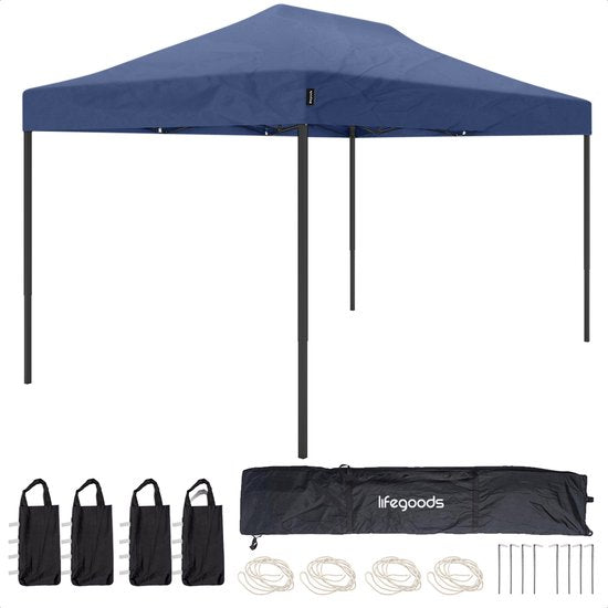 LifeGoods Partytent - Paviljoen - Easy Up - Opvouwbaar - Waterdicht - Met Draagtas - 297 x 440 cm – Donkerblauw