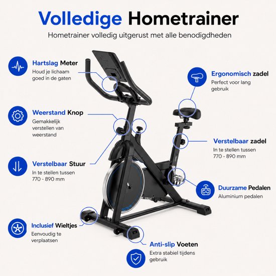 Sportfloww Hometrainer - Fitness Fiets - Spinningfiets - 8KG Vliegwiel - Hartslagmeter - Incl App