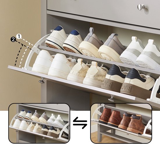 SoBuy FSR89-KA Schoenenkast met 2 Kleppen & Grote Lade – 12 paar schoenenopberglade voor entree, hal – Schoenenrek lichtbruin, 80×25×108cm
