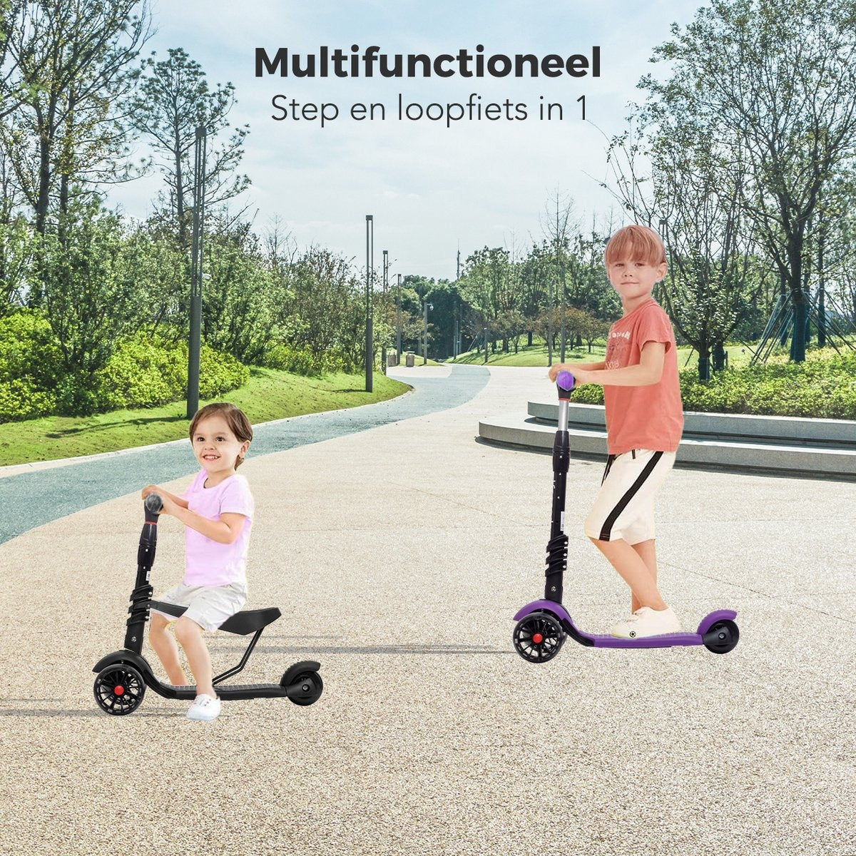 LifeGoods MultiRider Kinderstep - Step 3-8 Jaar - Verstelbaar Zitje - Lichtgevende Wielen - Jongens/Meisjes - Zwart