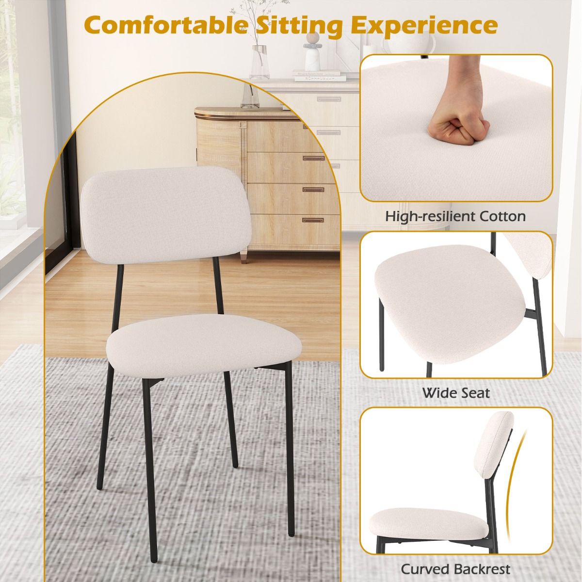 Coast Eetkamerstoelen set van 4 - linnen bekleding - metalen poten - beige en zwart