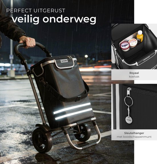 tectake® 3-in-1 Boodschappentrolley met Koelvak - Opvouwbaar - 56L Inhoud - Boodschappenwagen - Boodschappenkar - Ook als Steekwagen en Boodschappentas - Met Sleutelhanger en Winkelwagenmunt - Zwart