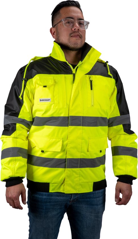 Dunlop Veiligheidsjas XL Veiligheidshesje voor Volwassenen Functioneel Ontwerp met Zakken Fluorescerend Comfortabele en Universele Pasvorm PES-Kunststof Geel