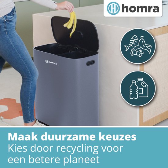 Homra Rockx Pedaalemmer 60 Liter - Duo Prullenbak 2X30L met Geurfilter - RVS Afvalscheidingsprullenbak 2 Vakken - Recycle Afvalbak - Vuilnisbak Keuken afval scheiden - Afvalemmer - Dubbele Prullenbak Grijs