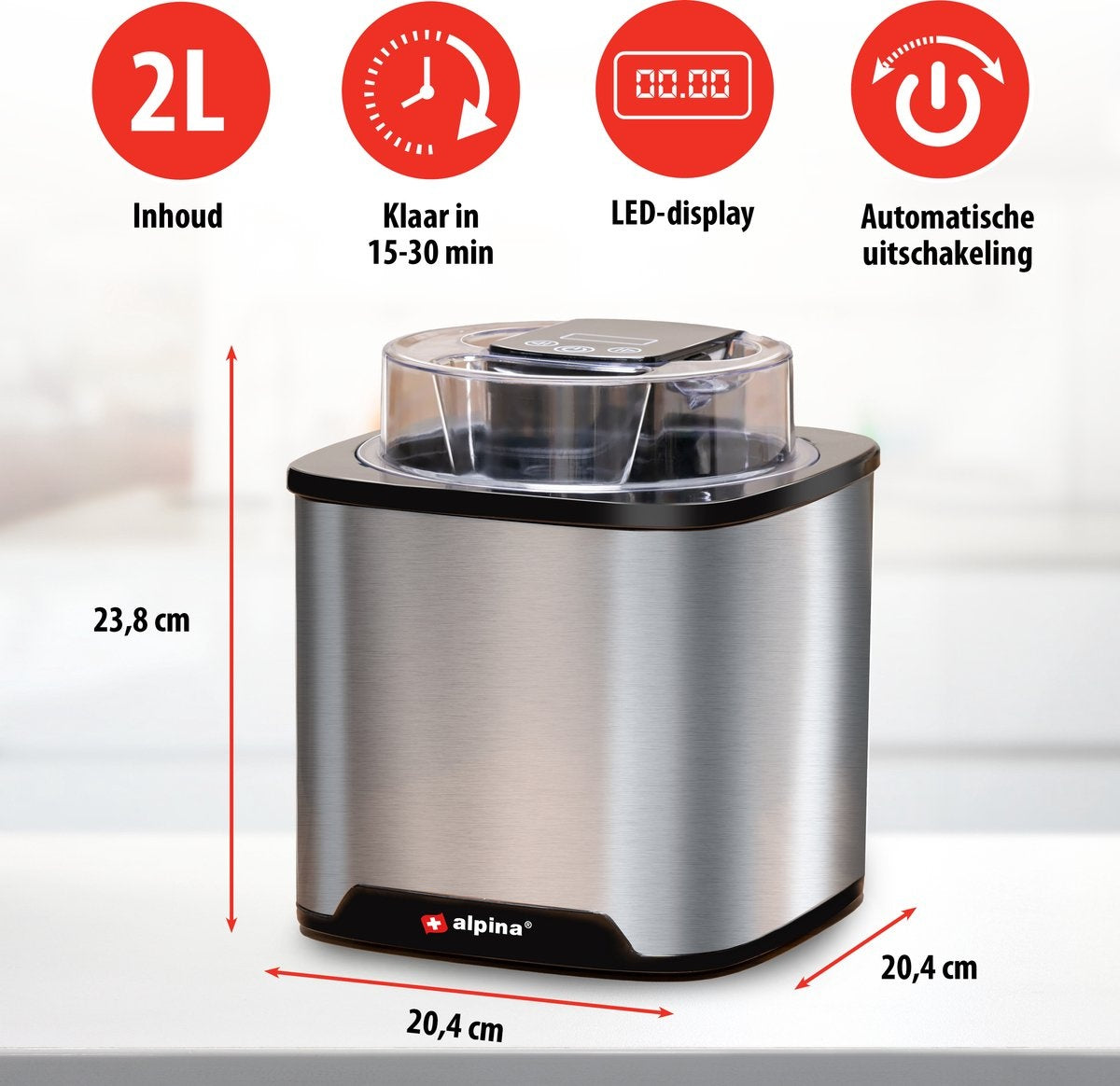 alpina IJsmachine - IJsmaker 2L - Roomijs, Frozen Yoghurt, Sorbet, etc. - RVS - Zilver