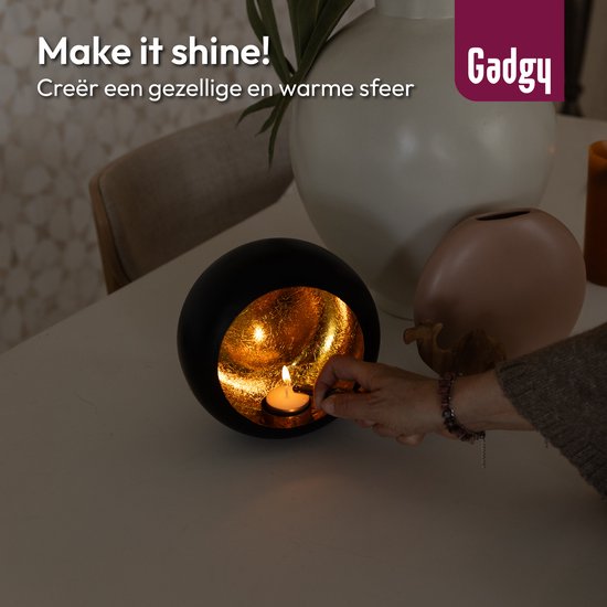 Gadgy Waxinelichthouder Rond - Theelichthouders - Kerst Decoratie Woonkamer - Sfeerverlichting Binnen - Kaarsenhouders voor Waxinelichten 17x17 cm - Windlicht Metaal - Zwart/Goud - Cadeau voor Vrouw