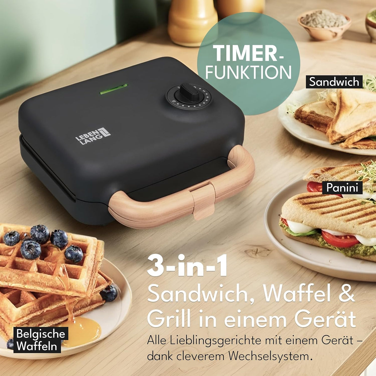 Lebenlang Sandwich maker 3-in-1 - 23.9 × 23 × 12.2 cm - 750 W - Zwart - Sandwich • Wafel • Grill