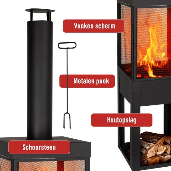 BBQ Collection Tuinhaard met Schoorsteen - Houtopslag - 194 x 44 x 47 cm - Carbon Staal - Zwart