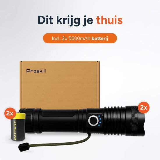 Zaklamp LED oplaadbaar - 2 stuks - incl batterijen - Voor kinderen en volwassenen - Waterdicht - Mini Militaire zaklampen - 1500 Lumen - Proskill