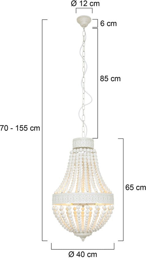 Hanglamp Ella 10191W - Trendy Witte Kralenlamp van Hout en Metaal, Verstelbare Hoogte 70-155 cm - Merk: Mexlite