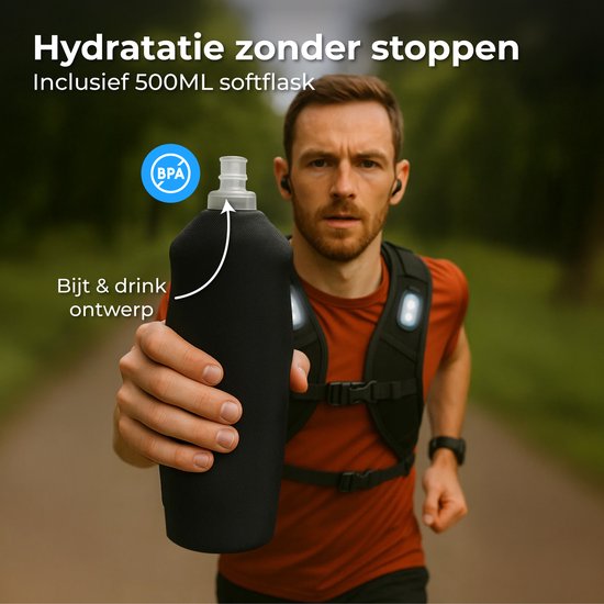 Nuvance Hardloopvest - 3x LED - Running Vest met Verlichting - Hardloop Vest - Loopvest incl. Waterfles en Telefoonvak - Universeel