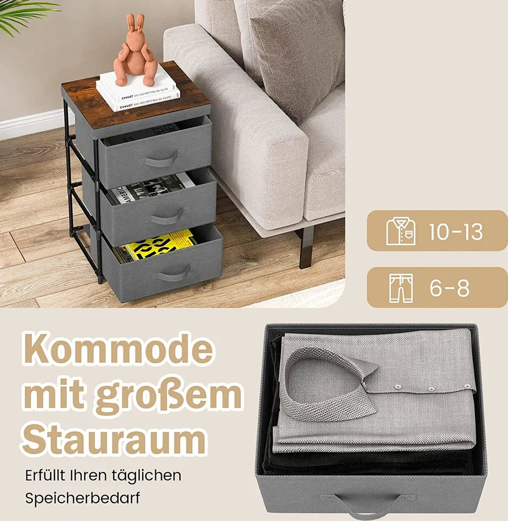 Nachtkastje met Stoffen Laden Bijzettafel met Metalen Frame Opbergkast Stoffen Commode voor Slaapkamer Woonkamer Hal (Grijs)
