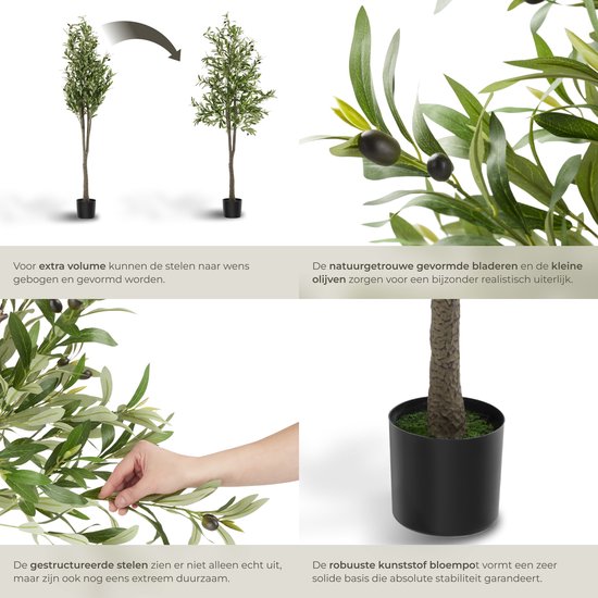 tectake® Kunstmatige Olijfboom Oleand – Mediterrane Kunstplant met Realistische Bladeren en Olijven – Onderhoudsvriendelijk en Veelzijdig – Inclusief Stevige Bloempot – Hoogte: 180 cm