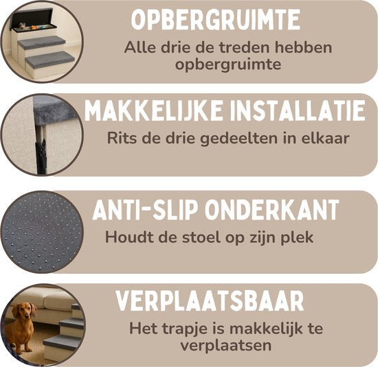 Hondentrap Stevig Hondentrapje Voor Honden Met Opbergruimte - Trap Hond – Opstapje Hond Voor Bank of Bed - Tot 60 kg - Antraciet - Universeel