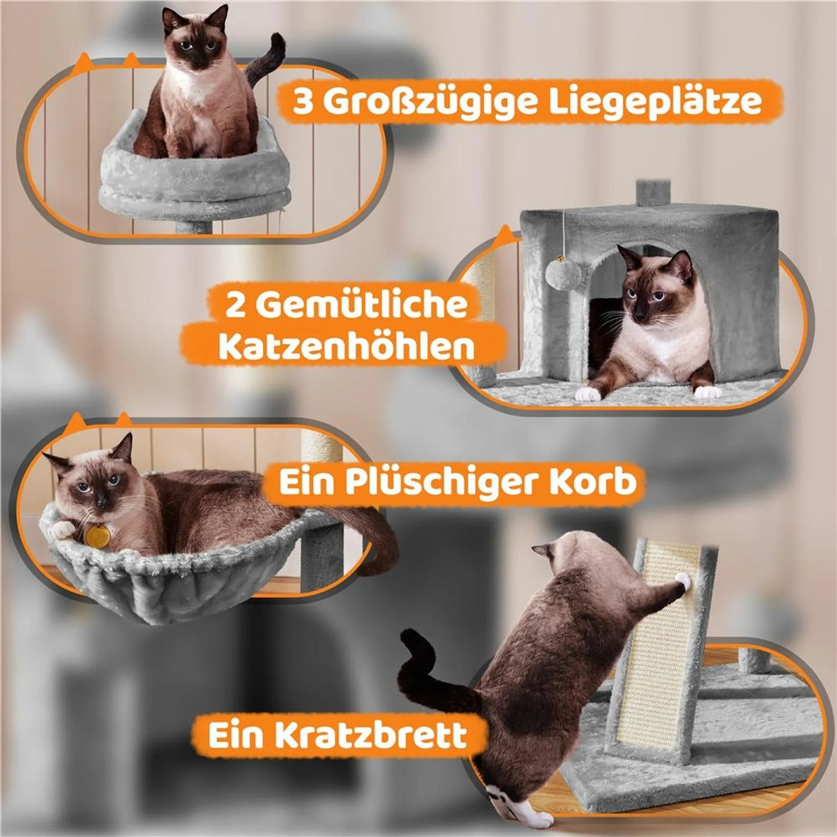 Yaheetech Krabpaal XXL Met 3 Uitkijkplatformen – Voorzien Van 2 Kattenholen En Krabplank En Anti-kantelsysteem – Voor Huishoudens Met Meerdere Katten – Lichtgrijs Pluche En Sisal – 55,5 x 55,5 x 175 cm