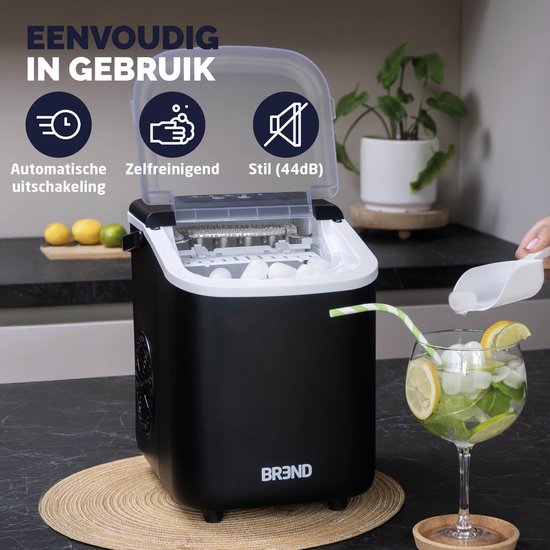 BREND BR-2213 IJsblokjesmachine met Schep en Lekbak - Grote L of Kleine S Ijsklontjes - Draagbare IJsblokjesmaker – 10 kg in 24 uur - Zwart