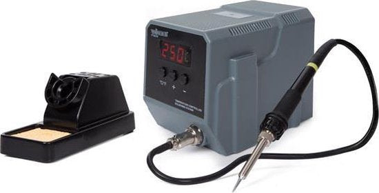 Velleman Soldeerstation met led-display en keramisch verwarmingselement, 90 W, temperatuurbereik 50-480 °C, geschikt voor professionals of doe-het-zelvers, grijs