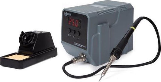 Velleman Soldeerstation met led-display en keramisch verwarmingselement, 90 W, temperatuurbereik 50-480 °C, geschikt voor professionals of doe-het-zelvers, grijs