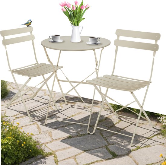 tectake® - Inklapbare bistroset voor 2 personen met stalen frame, tafel en tuinstoelen - Voor balkon en terras - Buitenset - Tuinset - Klaptafel en klapstoelen - elegant design - creme