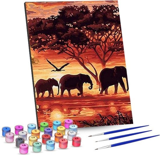 Schilderen op Nummer Olifanten Familie – 40x50 cm Canvas – DIY Schilderpakket voor Volwassenen