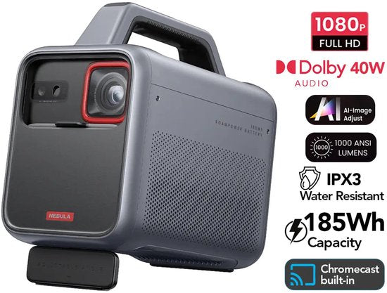 Nebula Mars 3 Zwart Outdoor Projector - 1920x1080 Resolutie - 1000 ANSI Lumen - 185Wh Batterij - IPX3 Waterbestendig - Tot 15 Uur Speeltijd - AI Beeldaanpassing
