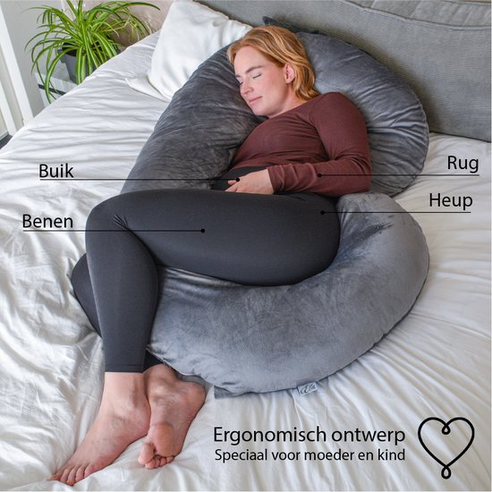 El-Life Zwangerschapskussen XXL – C-Vorm – Zijslaapkussen – Lichaamskussen – Voedingskussen – Body Pillow – 150x70cm – Afneembare Minky Fleece Hoes – Grijs