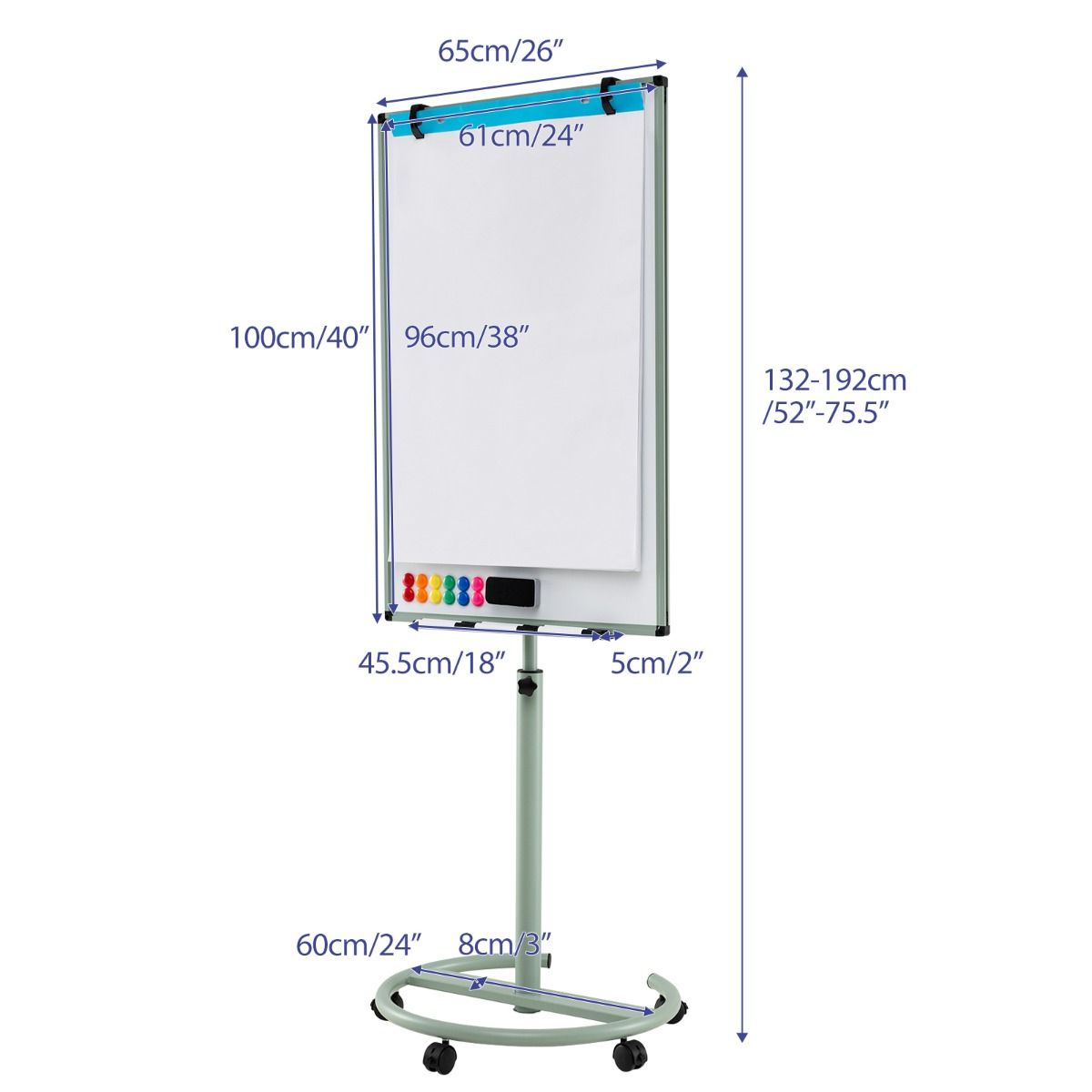 Coast Verrijdbaar Whiteboard met Magneten en Markers - In Hoogte Verstelbaar - Groen - 100 x 65 cm