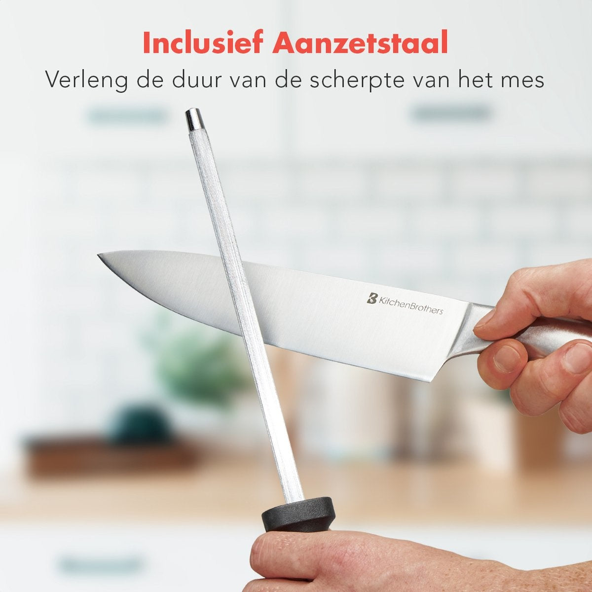 KitchenBrothers Messenset - Messenblok - 16-Delig - met Schaar en Aanzetstaal - Zilver/ RVS