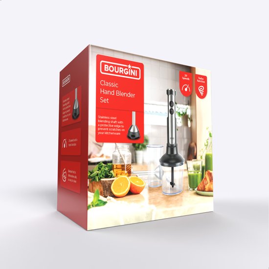 Bourgini Staafmixer - 4-delige Krachtige RVS Staafmixer set -20 snelheden - Garde - Hakmolen 600ml - Maatbeker 800ml - 1500W