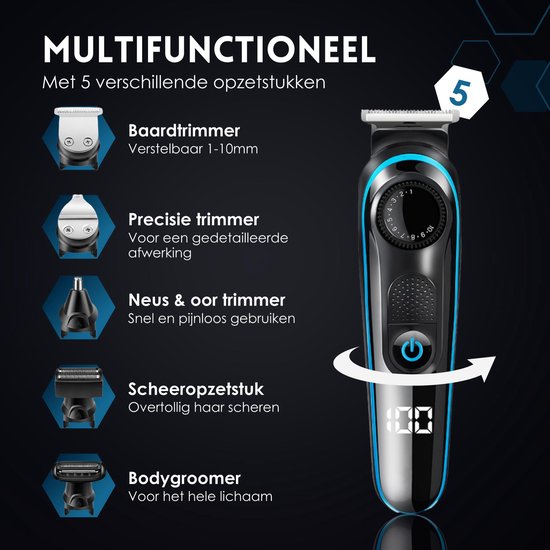 5-in-1 Baardtrimmer Mannen - 5 Verwisselbare Opzetstukken - Trimmer Baard en Lichaam - Bodygroomer - Neus en Oortrimmer