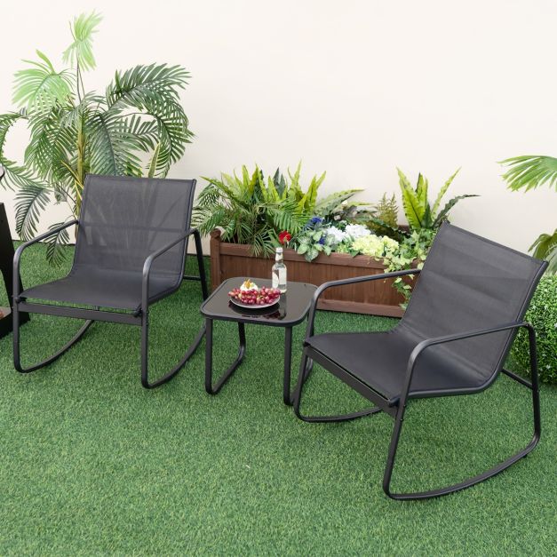 Coast 3-Delige Schommelset Balkonset met 2 Stoelen - 72x61x80 cm - Tafel - 44x44x40 cm – Zwart – Tuinmeubelset met Zachte Schommelbeweging