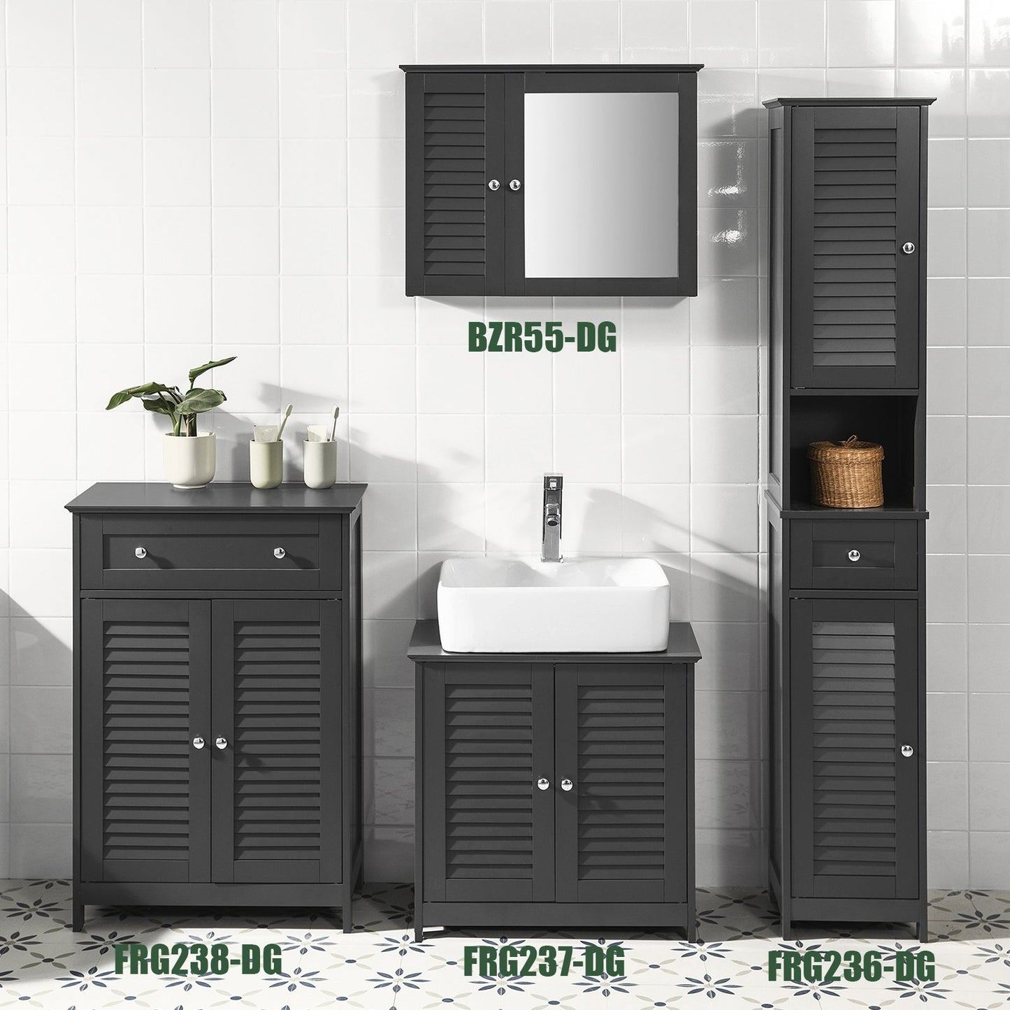 SoBuy Wastafelkastje – 2 Deuren, Verstelbare Plank – 60 x 35 x 58 cm – Grijs