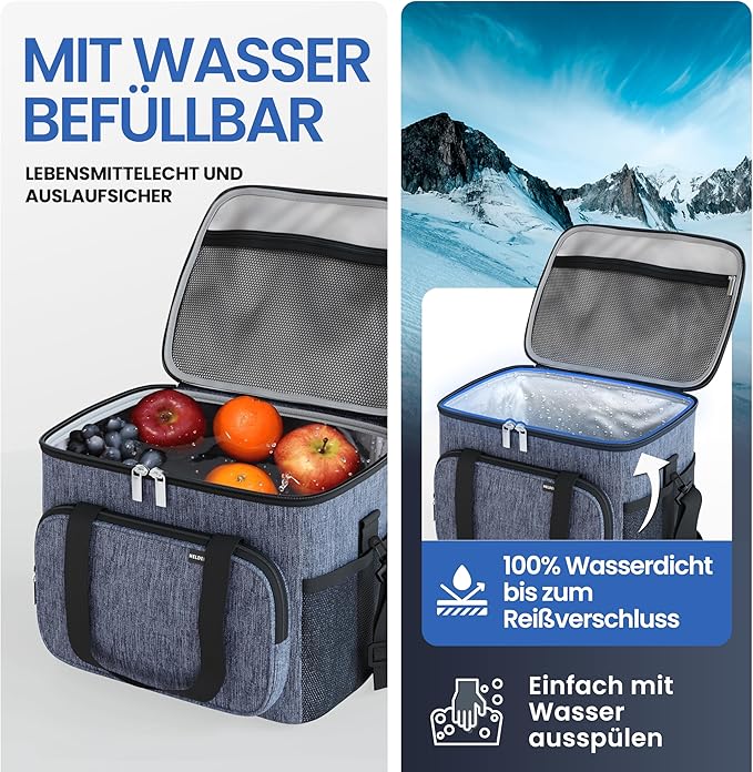 Heldenwerk Grote opvouwbare koeltas – Geïsoleerde koelbox, thermotas, lekvrij en waterdicht – Picknick- en lunchtas – 30 L – Donkergrijs
