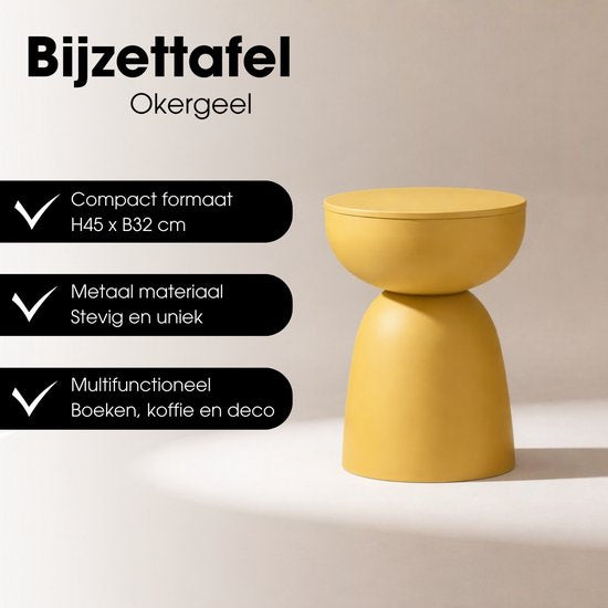 Mica Decorations Elliot Bijzettafel - Bijzettafel Rond H45 x Ø32 cm - Bijzettafeltje voor Woonkamer of Slaapkamer - Ideaal als Plantentafeltje - IJzer met Poedercoating - Okergeel
