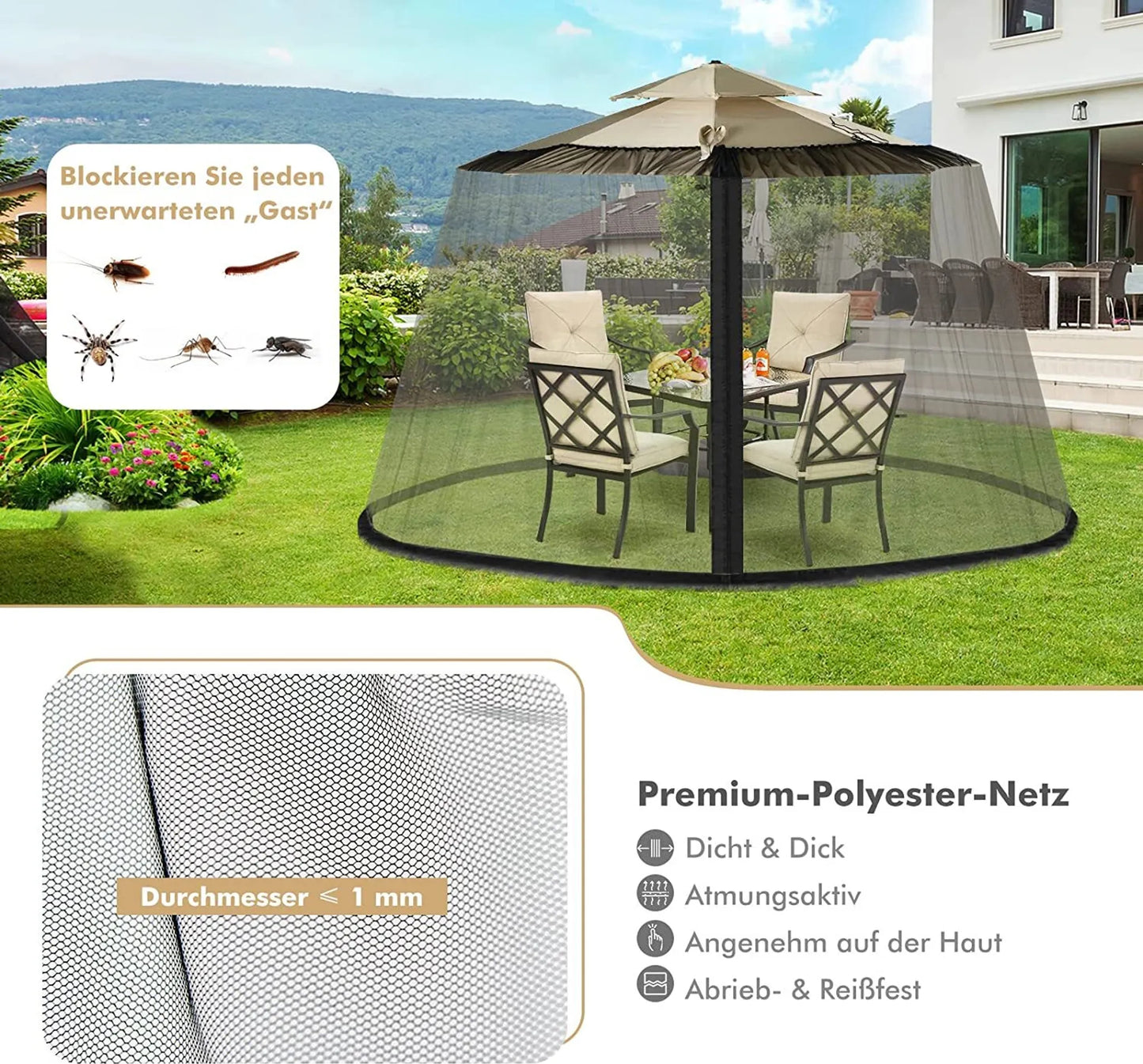 Coast Muggennet voor Parasol Zwart – 12,5 x 2,3 m – Met 2 Deuren en Dubbele Rits